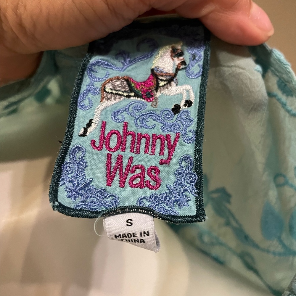 Jhonny Was Light Teal Embroidered V-Neck Blouse - Picture 2 of 5